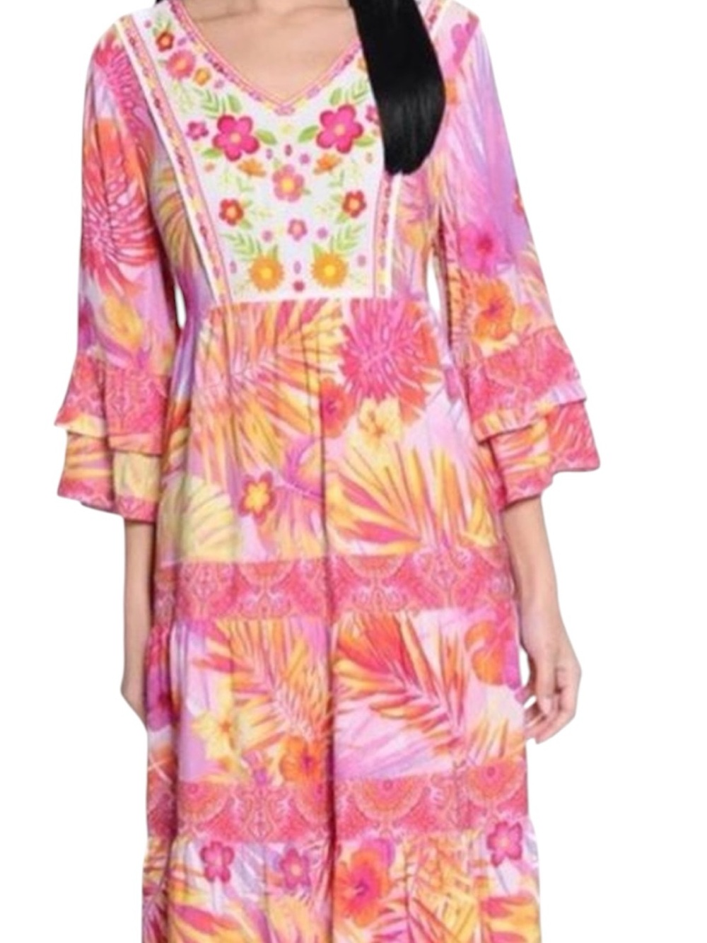 John Mark Pink Floral Embroidered Tiered Maxi Dress Women's size L L422